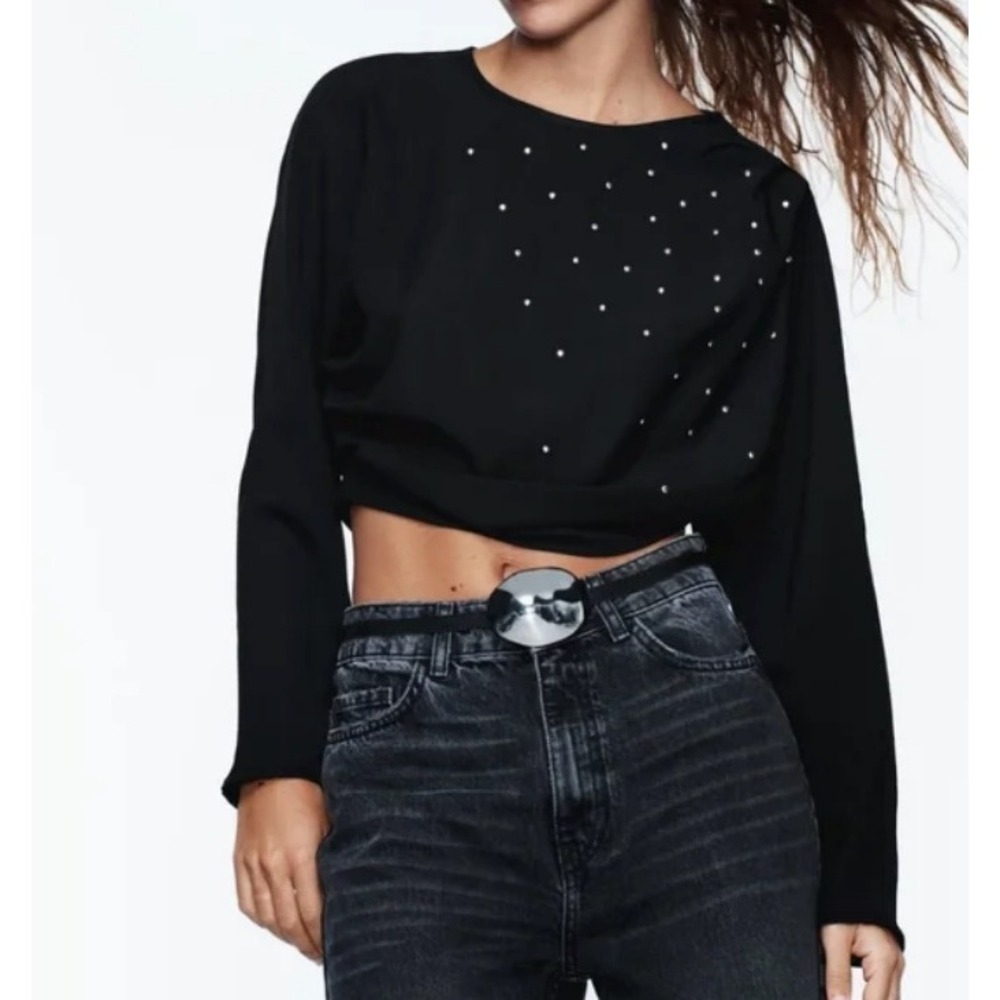ZARA Black Long Sleeve Crop Top Rhinestone Embellished Crew Neck Casual Womens M